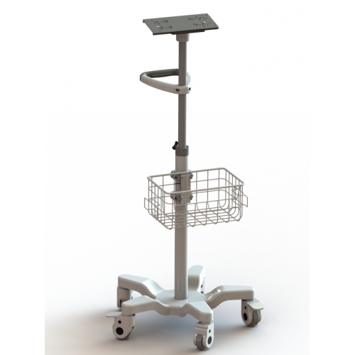 Low-center-of-gravity monitor trolley with storage basket